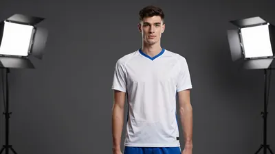 A 28-year-old, tall, and lean male player with short, dark hair and a clean-shaven face, wearing a white jersey with a...