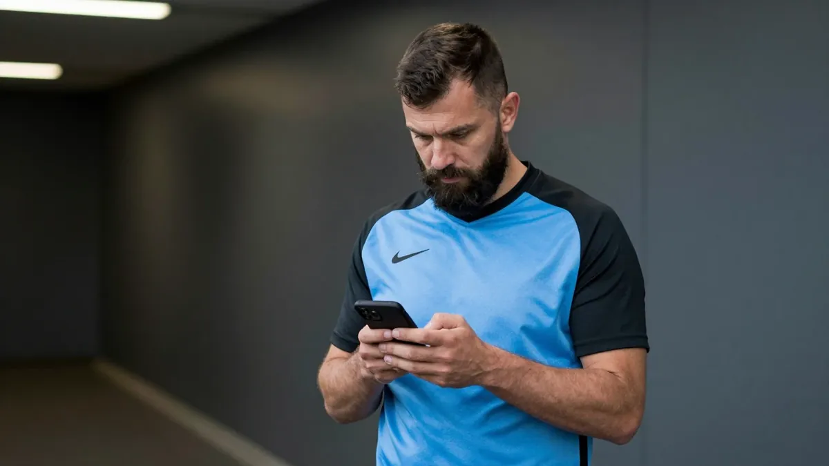 A 35-year-old, 5'10" male assistant coach, with a rugged build and a thick beard, stands in the Pride Park Stadium...