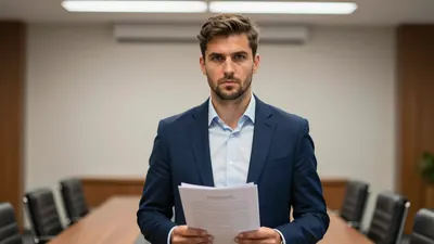 A 25-year-old male football executive in a dark blue suit, standing in a boardroom with a serious expression, holding a...
